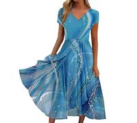 SoLu DAY8 Robe ete Femme mi Longue Fluide Manche Courte Robe de Plage Femme Grande Taille col v Robe Femme Chic et Elegant Soiree Mariage invitée midi Robe Vintage Femme Casual Vacances (BU3, XXL)