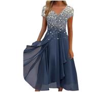 SoLu DAY8 Robe ete Femme mi Longue Fluide Manche Courte Robe de Plage Femme Grande Taille col v Robe Femme Chic et Elegant Soiree Mariage invitée midi Robe Vintage Femme Casual Vacances (BU1, XXL)
