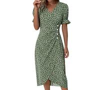 SoLu DAY8 Robe Ete Femme Mi Longue Robe Boheme Chic Mariage Invité Femme Manche Courte Volants Plage Sexy Col V Casual Midi Portefeuille Cache Coeur Cintrée Asymétrique (Green, XXL)