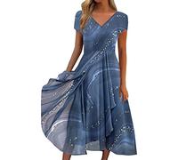 SoLu DAY8 Robe Été Mi Longue Fluide Manche Courte de Plage Grande Taille Col V Chic et Élégant pour Soirée Mariage Invitée Midi Vintage Casual Vacances (Blue, L)