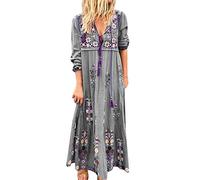 SoLu DAY8 Robe Longue Femme Ete Boheme Fleurie Imprimé Robe Soiree Femme Grande Taille S à 5XL avec Franges Casual Lâché Manche Longue Printemps Maxi Dress (Gris, XL)