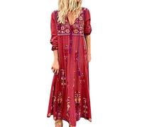 SoLu DAY8 Robe Longue Femme Ete Boheme Fleurie Imprimé Robe Soiree Femme Grande Taille S à 5XL avec Franges Casual Lâché Manche Longue Printemps Maxi Dress (Rouge, S)