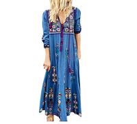 SoLu DAY8 Robe Longue Femme Ete Boheme Fleurie Imprimé Robe Soiree Femme Grande Taille S à 5XL avec Franges Casual Lâché Manche Longue Printemps Maxi Dress (Bleu, 5XL)
