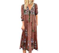 SoLu DAY8 Robe Longue Femme Ete Boheme Fleurie Imprimé Robe Soiree Femme Grande Taille S à 5XL avec Franges Casual Lâché Manche Longue Printemps Maxi Dress (Café, XL)