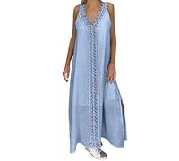 SoLu DAY8 Robe Longue Femme Ete Grande Taille M-5XL Robe de Plage Dentelle Pas Cher Casual Femme Soiree sans Manches Col V Sexy Fendue sur Les Cotes Maxi Dress (Bleu, 3XL)