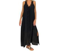 SoLu DAY8 Robe Longue Femme Ete Grande Taille M-5XL Robe de Plage Dentelle Pas Cher Casual Femme Soiree sans Manches Col V Sexy Fendue sur Les Cotes Maxi Dress (Noir, XXL)