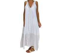 SoLu DAY8 Robe Longue Femme Ete Grande Taille M-5XL Robe de Plage Dentelle Pas Cher Casual Femme Soiree sans Manches Col V Sexy Fendue sur Les Cotes Maxi Dress (Blanc, M)