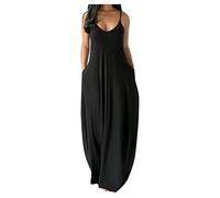 SoLu DAY8 Robe Longue Femme Ete Grande Taille S-5XL Robe Sexy Femme à Bretelles Plage Casual Decontractée Uni Couleur Chic (Noir, 5XL)