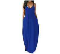 SoLu DAY8 Robe Longue Femme Ete Grande Taille S-5XL Robe Sexy Femme à Bretelles Robe de Plage Casual Decontractée Uni Couleur Vêtement Femme Pas Cher Robe Soirée Cocktail Chic (Bleu, XXL)