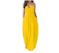 SoLu DAY8 Robe Longue Femme Ete Grande Taille S-5XL Robe Sexy Femme à Bretelles Robe de Plage Casual Decontractée Uni Couleur Vêtement Femme Pas Cher Robe Soirée Cocktail Chic (Jaune, M)