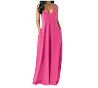 SoLu DAY8 Robe Longue Femme Ete Grande Taille S-5XL Robe Sexy Femme à Bretelles Robe de Plage Casual Decontractée Uni Couleur Vêtement Femme Pas Cher Robe Soirée Cocktail Chic (Rose, M)