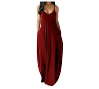 SoLu DAY8 Robe Longue Femme Ete Grande Taille S-5XL Robe Sexy Femme à Bretelles Robe de Plage Casual Decontractée Uni Couleur Vêtement Femme Pas Cher Robe Soirée Cocktail Chic (Bordeaux, M)