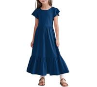 SoLu DAY8 Robe Longue Fille Princesse Ete sans Manche à Volants Pas Cher Col Rond Robe Enfant Fille Chic Et Elegant Anniversaire Ceremonie Soirée Casual Vacances 6-13 Ans (Navy, 12-13Years)