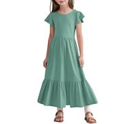 SoLu DAY8 Robe Longue Fille Princesse Ete sans Manche à Volants Pas Cher Col Rond Robe Enfant Fille Chic Et Elegant Anniversaire Ceremonie Soirée Casual Vacances 6-13 Ans (Light Green, 12-13Years)