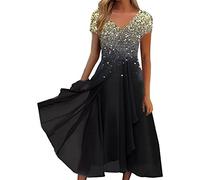 SoLu DAY8 Robe Mi Longue Fluide Femme - Manche Courte, Col V, Grande Taille - Chic et Élégante pour Plage, Soirée, Mariage, Vacances - Style Vintage Casual (Noir, XXL)