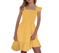 SoLu DAY8 Robe Plissée Enfant Fille sans Manche à Volants col Carré a la Mode Robe De Princesse Fille Chic Et Elegant Pas Cher Vacances Casual Bapteme Soirée 3-14 Ans (Yellow, 13-14 Years)