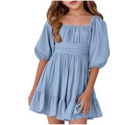 SoLu DAY8 Robe Princesse Enfant Fille Ete Demi Manches col Carré épaule Dénudée Robe Ado Fille Chic Et Elegant à Volants Mignon Casual Soirée Bapteme Tunique 5-14 Ans (Light Blue, 7-8 Ans)