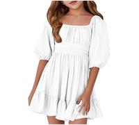 SoLu DAY8 Robe Princesse Enfant Fille Ete Demi Manches col Carré épaule Dénudée Robe Ado Fille Chic Et Elegant à Volants Mignon Casual Soirée Bapteme Tunique 5-14 Ans (White, 12-13 Ans)