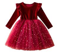 SoLu DAY8 Robes Enfant Fille Ceremonie 2-7 Ans Noel Hiver Robe Princesse Chic Et Elegant Anniversaire Mariage Habillée Robe Velours Fille avec Tulle Manche Longue Bowknot (5-6 Ans, Y-Rouge)