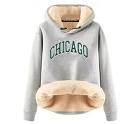 SoLu DAY8 Sweat a Capuche Femme Polaire épaisse Chicago Pullover Sweat Chaud Femme Hiver Grande Taille Haut Manche Longue Femme Pas Cher Chic a la Mode Casual Vacances Haut Chemise (Light Gray, M)
