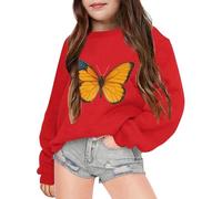 SoLu DAY8 Sweat Papillon Enfant Fille 3-14 Ans Classique Imprimé Sweatshirt Ado Fille Hiver Manche Longue Chic Confortable Baggy Casual Jogging Vacances Haut Blouse (Watermelon Red, 7-8 Years)