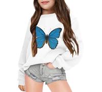 SoLu DAY8 Sweat sans Capuche Enfant Fille 3-14 Ans Mignon Imprimé Papillon Sweatshirt Pullover Ado Fille Hiver Manche Longue Confortable Chic Casual Sport Vacances Haut Blouse (White, 11-12 Years)