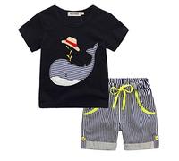 SoLu DAY8 Vetement Garcon 1 à 7 Ans Ensemble Enfant Garçon été Pas Cher Tee Shirt Manche Courte Blouse Haut Top T-Shirt Baleine de Dessin animé + Bermuda (5-6 ans, Noir)