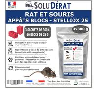 SOLU’DÉRAT Appât Bloc Rats & Souris - 3 Sachets 300g 36 Blocs - Rodenticide au Difénacoum 0,0025% - Usage extérieur Autour des habitations
