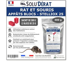SOLU’DÉRAT Appât Bloc Rats & Souris - Sachet 300g 12 Blocs - Rodenticide au Difénacoum 0,0025% - Usage extérieur Autour des habitations