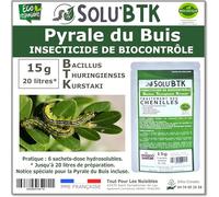 SoluBTK - Pyrale du Buis BTK 15 g - 6 Doses Hydrosolubles - Bacillus Thuringiensis - Traitement Anti Chenilles Buis - Insecticide Biologique
