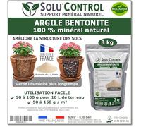 SOLU'CONTROL Argile Bentonite Naturelle 3 kg - Support Minéral Jardin - Améliore la Rétention en Eau des Sols et Terreaux - Utilisable en Agriculture Biologique - Origine France