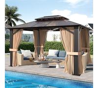 SOLUMIA Abri de jardin à toit rigide de 3 x 3,6 m, pergola de patio à double toit avec panneaux en polycarbonate, cadre en aluminium, auvent extérieur avec filet pour arrière-cour, jardin et terrasse