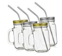 SOLUSTRE 4 Pièces Lot de Verres Verre Transparent avec Couvercle Anse et Paille Acier Inoxydable Gobelets Carrés pour Eau Jus et Lait Sans Fuite et Réutilisables