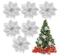 SOLUSTRE 6 Pièces Fleur Artificielle Décorative Fleur de Noël en Plastique Argenté, Légère, Facile à Utiliser, pour Sapin, Couronne et Bricolage de Noël