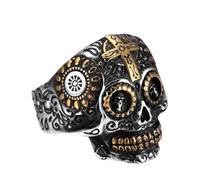 SOLUSTRE Bague Tête de Mort Rétro Gravée Croix, Taille 13, Métal Or
