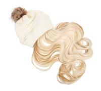 SOLUSTRE Bonnet Tricoté Avec Extensions De Cheveux Ondulés Longs, Bonnet Postiche Amovible, Femme, Style Naturel, Hiver Et Cosplay, Blanc Avec Cheveux Dorés