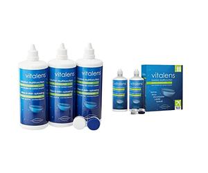 Solution multifonction pour lentilles de contact ● Format Tripack 3x360ml & Produit multifonction pour lentilles de contact souples ● Format voyage / 2x50ml ● Vitalens