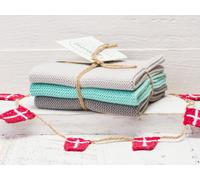 Solwang Chiffon Gris Aqua Combi Brodé 3er Set Serviette Linge à Vaisselle