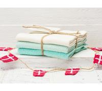 Solwang Chiffon Nature Bleu Aqua Combi Brodé 3er Set Serviette Linge à Vaisselle