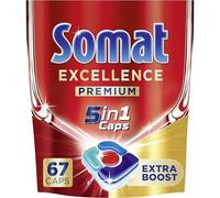 Somat Excellence Premium 5 en 1 Caps (67 bouchons) Tablettes lave-vaisselle à dissolution rapide avec Extra Boost, les capsules Somat éliminent les restes alimentaires secs et tenaces pendant 72 h