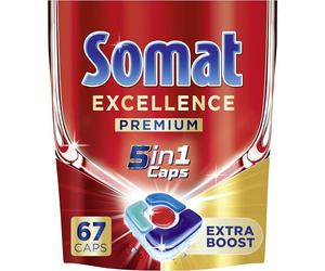 Somat Excellence Premium 5 en 1 Caps (67 bouchons) Tablettes lave-vaisselle à dissolution rapide avec Extra Boost, les capsules Somat éliminent les restes alimentaires secs et tenaces pendant 72 h
