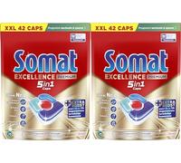 Somat Excellence Premium 5 en 1 Caps, 84 capsules (2 x 42 bouchons) Tablettes pour lave-vaisselle à dissolution rapide avec Extra Boost - Les capsules Somat éliminent les restes alimentaires secs et