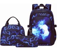 SOMBLG Garçons Sac Scolaire Sac À Dos Ensemble Enfants Élémentaire Moyen Adolescent Sac À Livres Grand Imperméable 18 Pouces Déjeuner 3 Pcs (1-Bleu Football Set)
