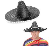 Sombrero mexicain en noir avec bordure à pompons blancs, parfait pour toute fête costumée mexicaine pour homme et femme - 1 x Sombrero