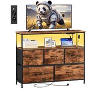 Somdot Commode avec 5 Tiroirs en Tissu, LED et Multiprise, Marron | Meuble de Rangement pour Chambre, Salon, Étagère Ouverte, 2 Prises AC, 1 USB-A & C, Meuble TV Adulte, 30P × 100l × 78H cm