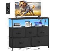 Somdot Commode avec 5 Tiroirs en Tissu, LED et Multiprise, Noir | Meuble de Rangement pour Chambre, Salon, Étagère Ouverte, 2 Prises AC, 1 USB-A & C, Meuble TV Adulte, 30P × 100l × 78H cm