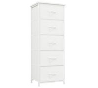 Somdot Commode haute pour chambre à coucher avec 5 tiroirs, commode avec bacs en tissu pour salon, organiseurs de rangement pour placard, buanderie, entrée, cuir blanc