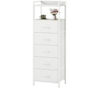 Somdot Commode haute pour chambre à coucher, avec 5 tiroirs, meuble de rangement avec tiroirs en tissu pour placard, chevet, dortoir, chambre d'enfant, buanderie, salon, entrée, couloir, cuir blanc