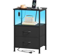 Somdot Table de chevet avec fonction de charge et LED, table d'appoint noire avec 2 tiroirs en tissu, 2 prises, 2 USB, table de chevet avec cadre en métal, table de chevet pour chambre à coucher