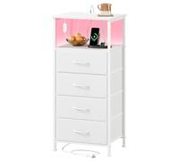 Somdot Table de chevet blanche avec station de charge et lumière LED pour chambre à coucher, commode haute à 4 tiroirs avec bac en tissu pour chevet, dortoir, placard, buanderie, entrée, cuir blanc